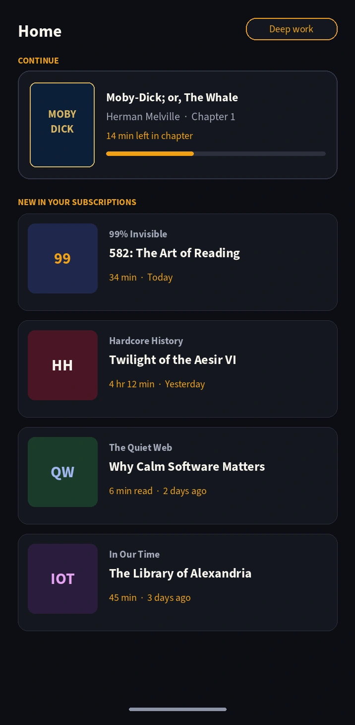 bassed Home screen with Continue and New in your subscriptions